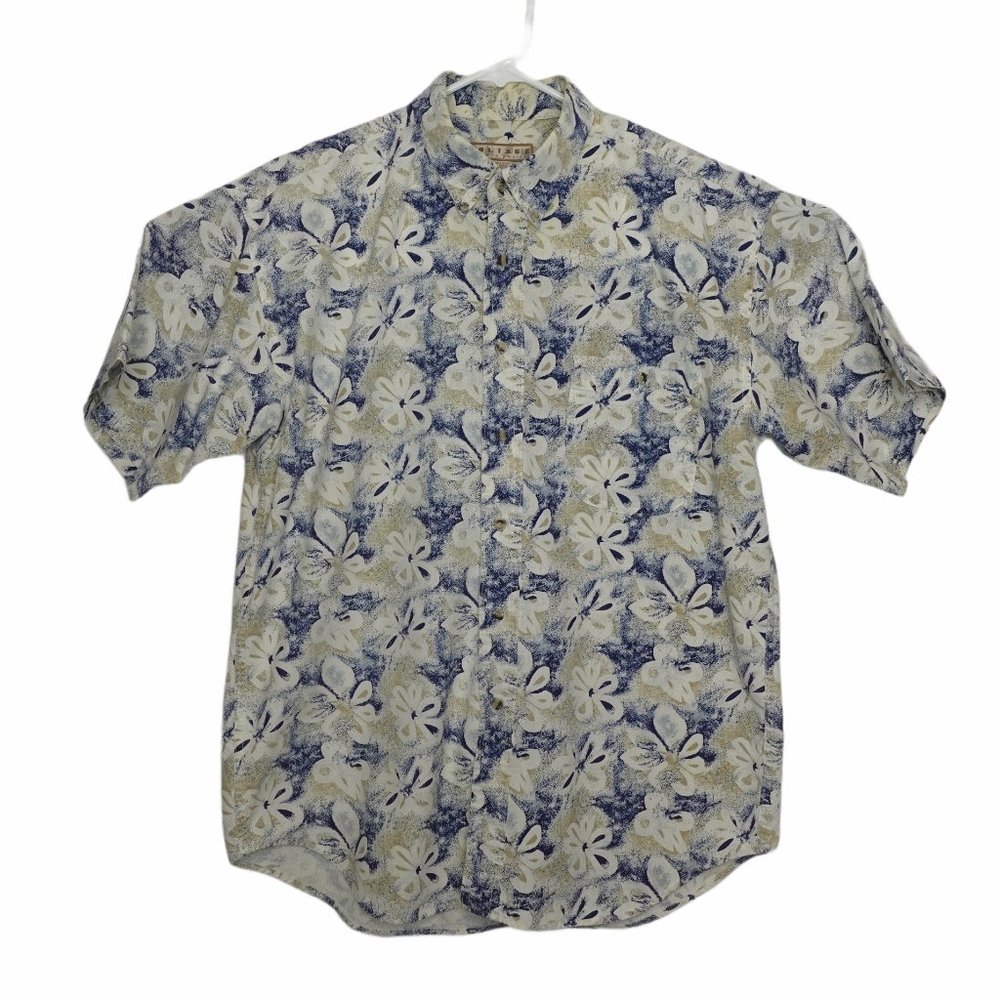 Foliage Blue Hawaiian Floral Print Short Sleeve L